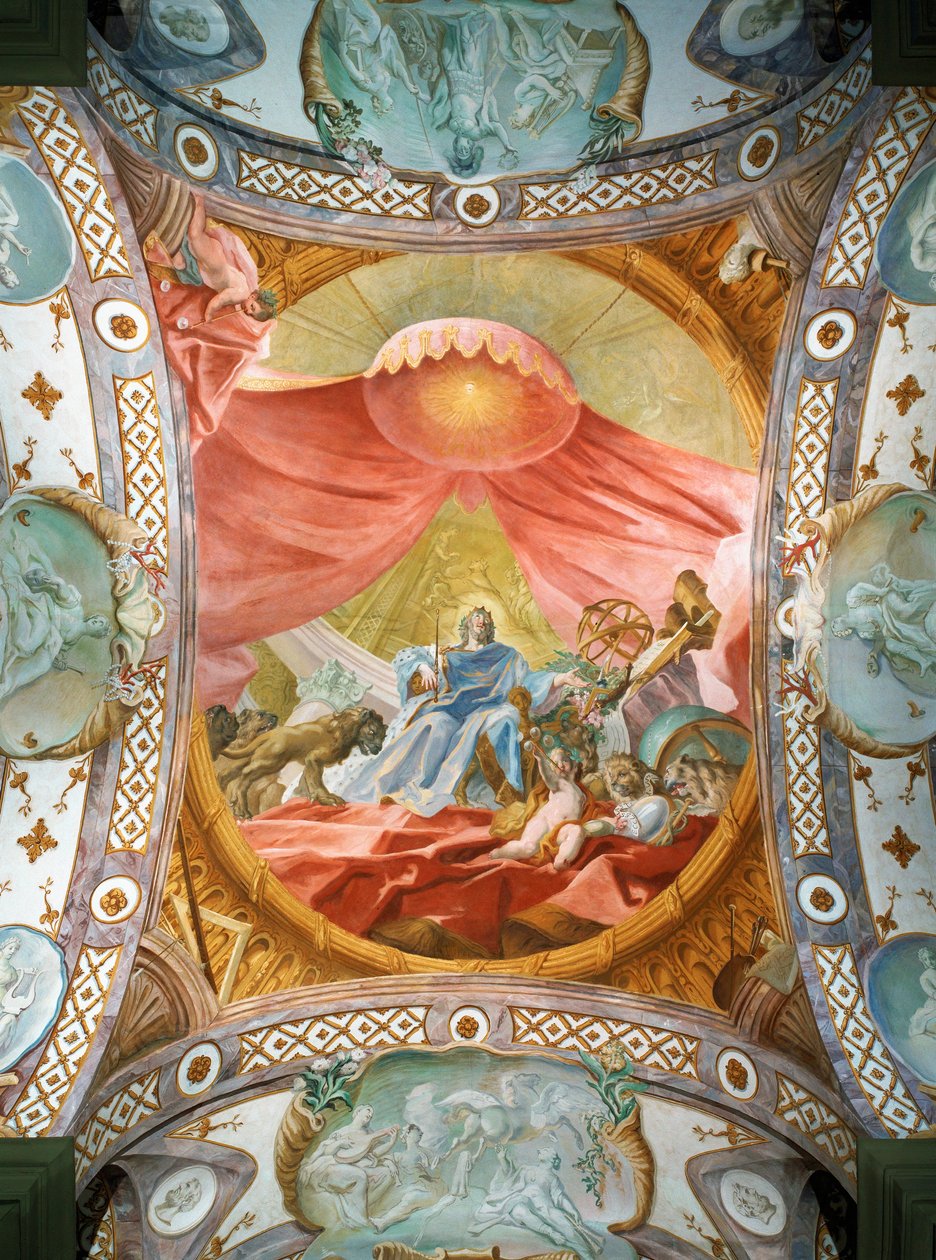 Klooster Sint Emmeran, sinds 1812 residentie van de prinsen Thurn und Taxis: Plafondfresco in de bibliotheek, Koning Salomo ... (fresco) door Cosmas Damian Asam