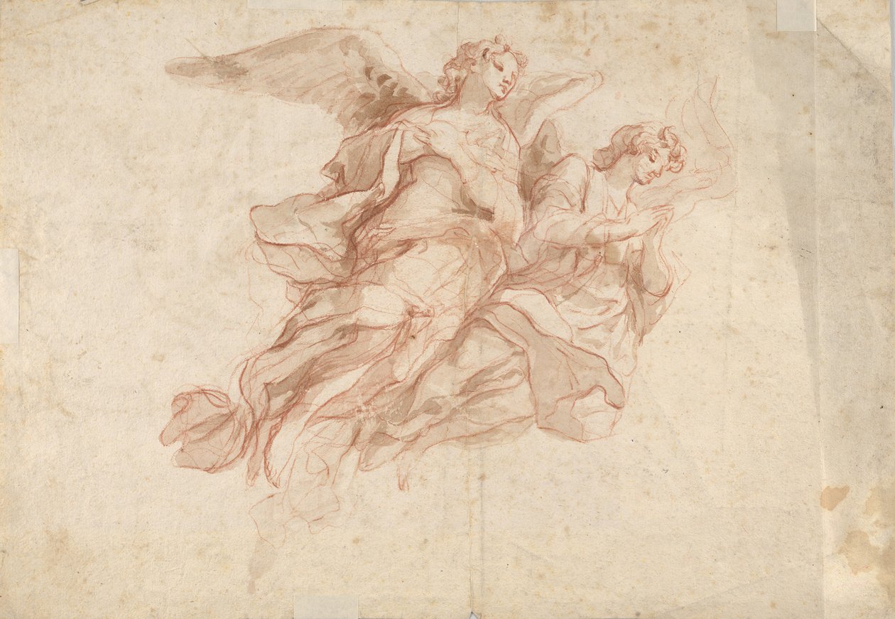 Twee engelen vliegend, verso: God de Vader zittend in de wolken en een schets van een vliegende figuur, ca. 1720 door Cosmas Damian Asam
