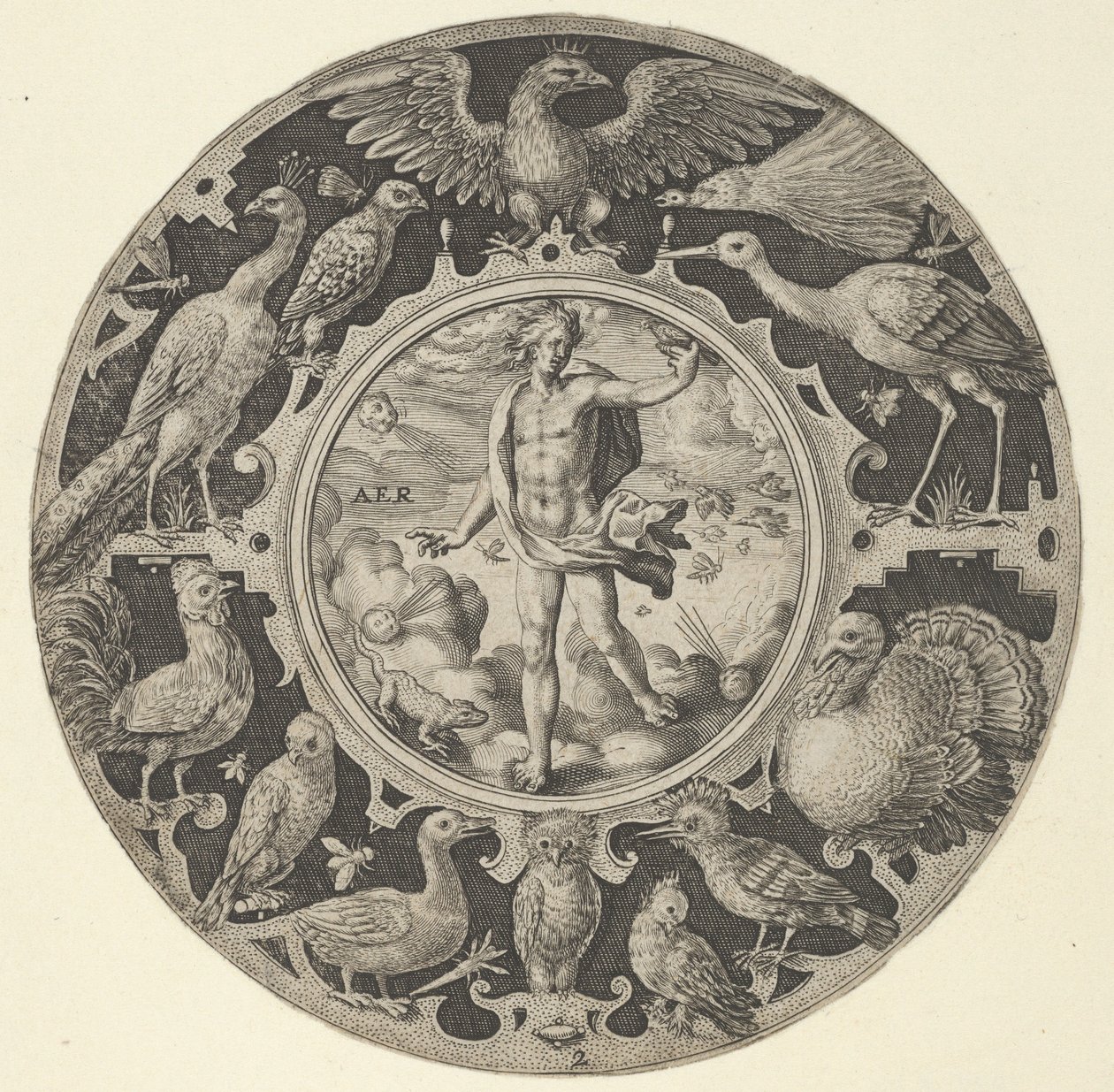 Aer in een decoratieve rand met vogels, uit een serie cirkelvormige ontwerpen met de F... door Crispijn de Passe I