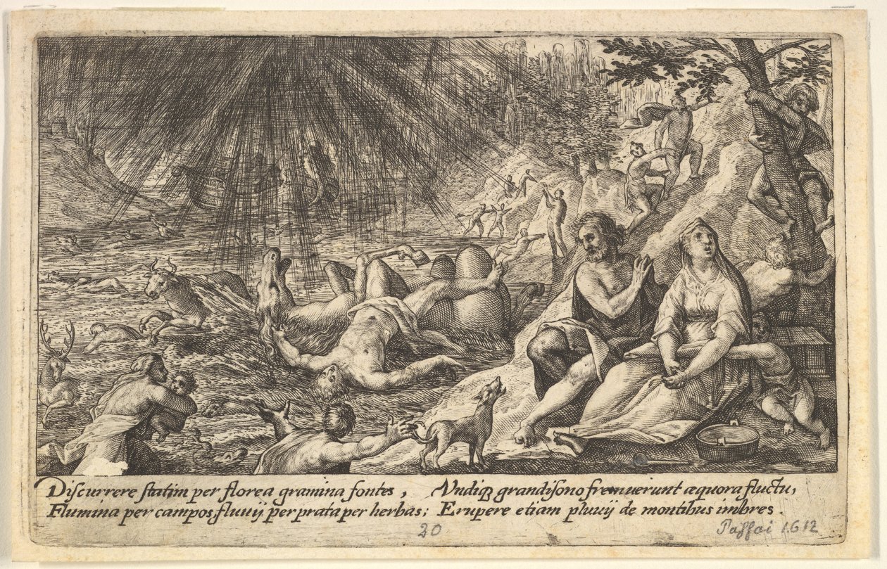 Het begin van de zondvloed: mannen en vrouwen klimmen naar hoger gelegen grond rechts, water neemt toe, 1612 door Crispijn de Passe I