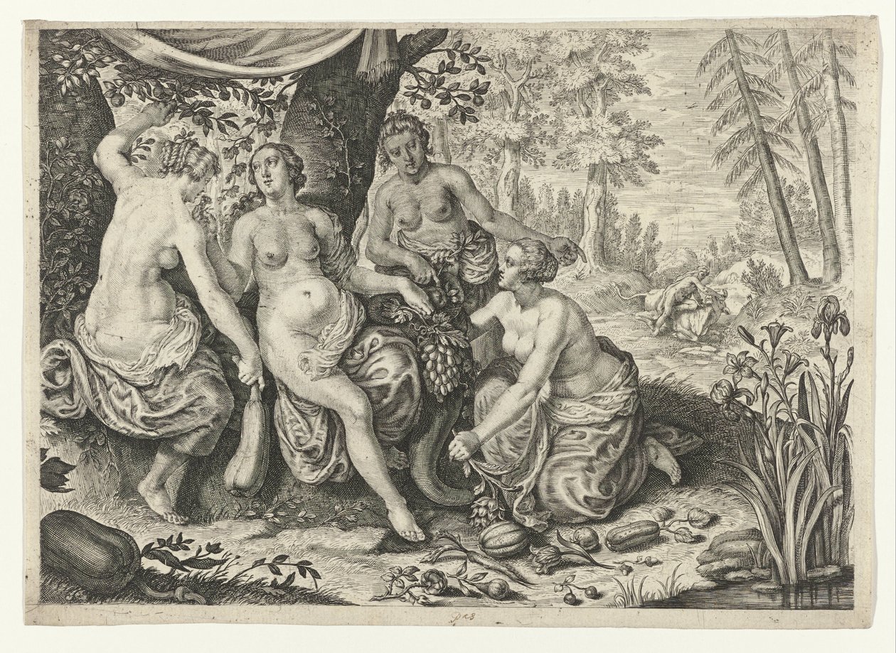 Nimfen vullen de hoorn des overvloeds door Crispijn van de Passe (II) (attributed to)