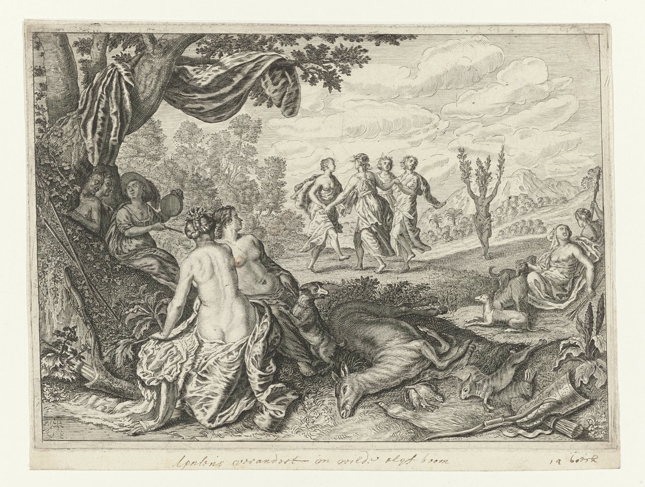 Apulische herder in een olijfboom veranderd door Crispijn van de Passe (II) (workshop of)