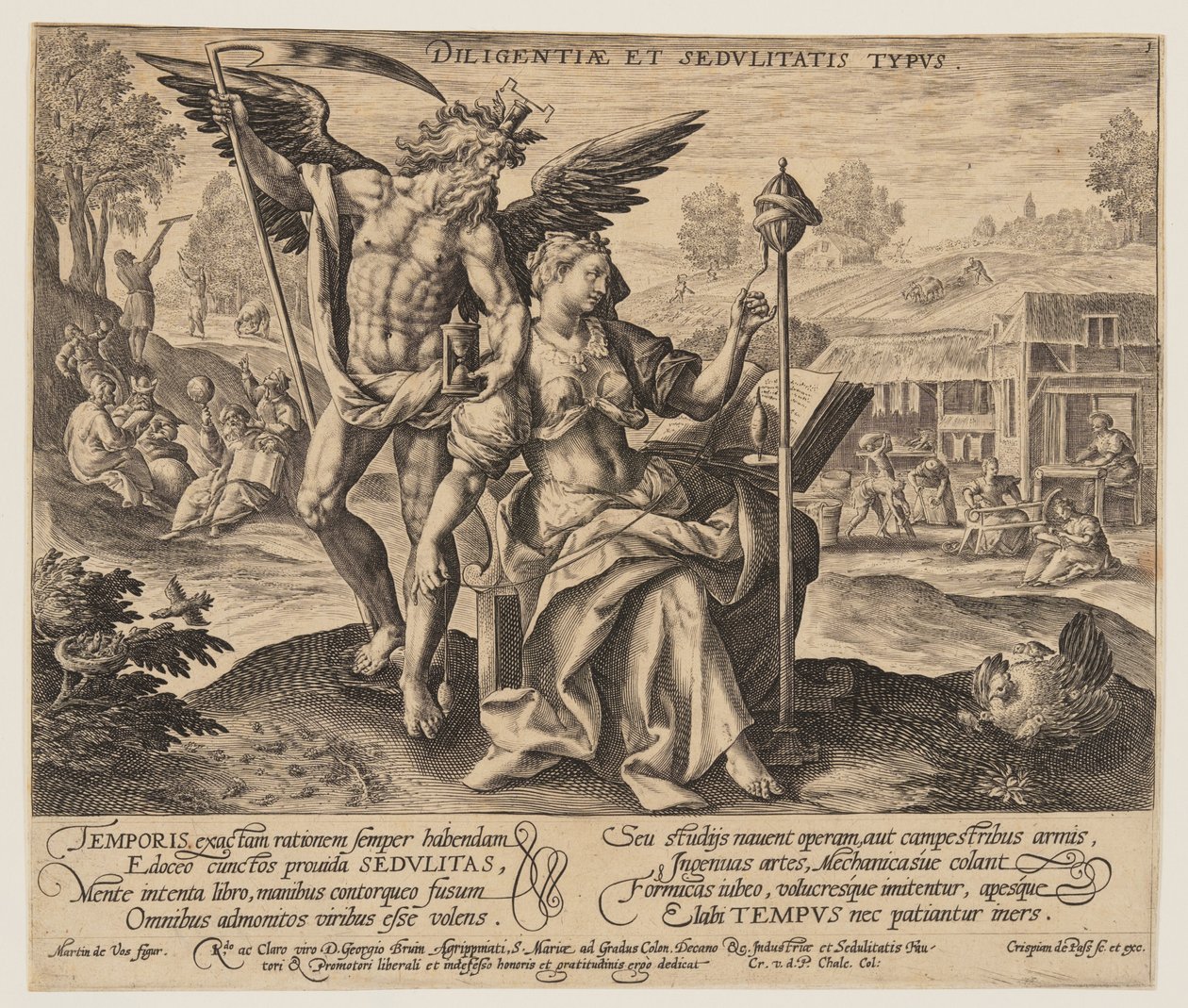 Diligentiae et Sedulitatis Typus, van Tijd met deugden en ondeugden door Crispijn van de Passe I