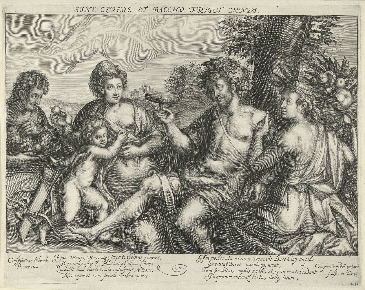 Bacchus, Venus en Ceres in een landschap door Crispijn van den Queborn