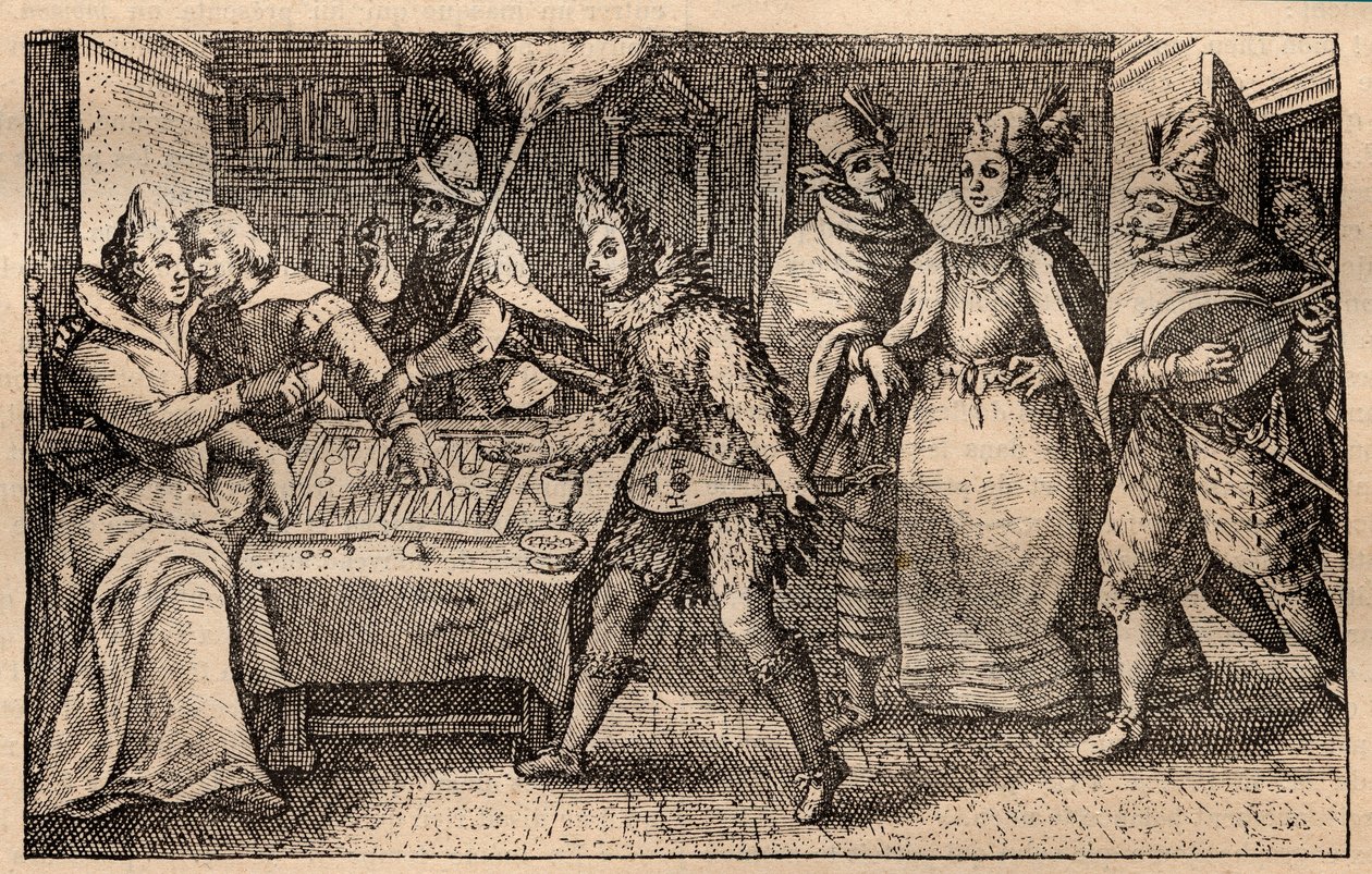 Een backgammonpartij met rondtrekkende spelers - Nederlandse kopergravure; uit een set prenten, Hortus Voluptatem, door Crispin de Passe (1550-1643) - Een koppel dat backgammon speelt, verrast door vijf gemaskerde mannen gravure door Crispin de Passe de Ou door Crispin I de Passe