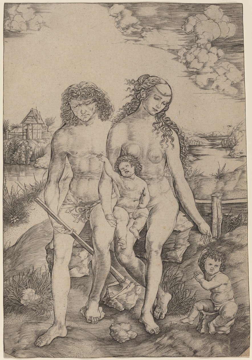 Adam en Eva met de Kinderen Kaïn en Abel door Cristofano Robetta