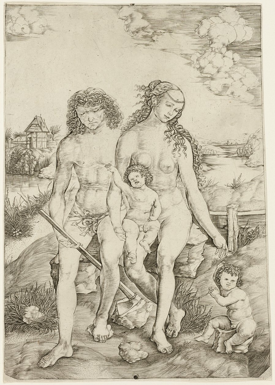 Adam en Eva met de kinderen Kaïn en Abel door Cristofano Robetta