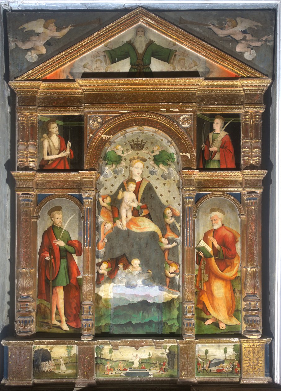 Gekroonde Madonna en Kind met Engelen, Sint Paulus, Sint Petrus door Cristoforo (fl.1525 1578) & Pancalino Raffaele (fl.1514 1573) Pancalino