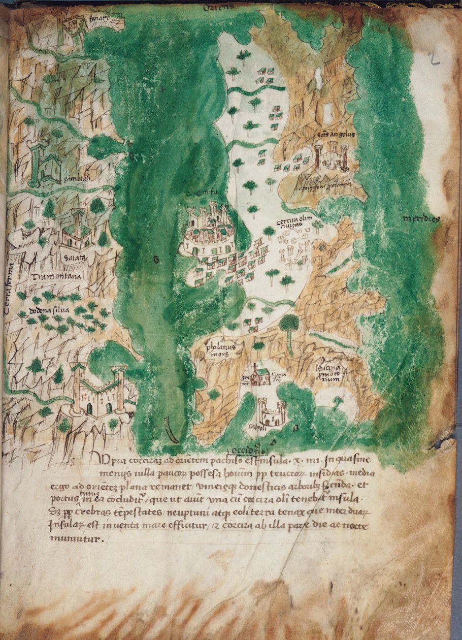 Kaart van Corfu en aangrenzend vasteland, ca. 1420 (perkament) door Cristoforo Buondelmonti