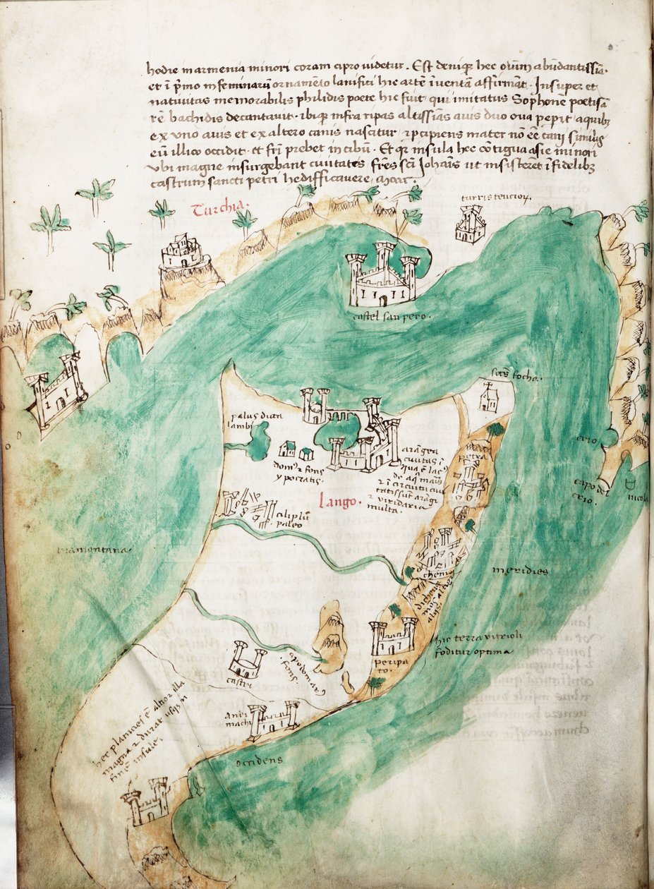 Kaart van Kos en Bodrum, ca. 1420 (perkament) door Cristoforo Buondelmonti