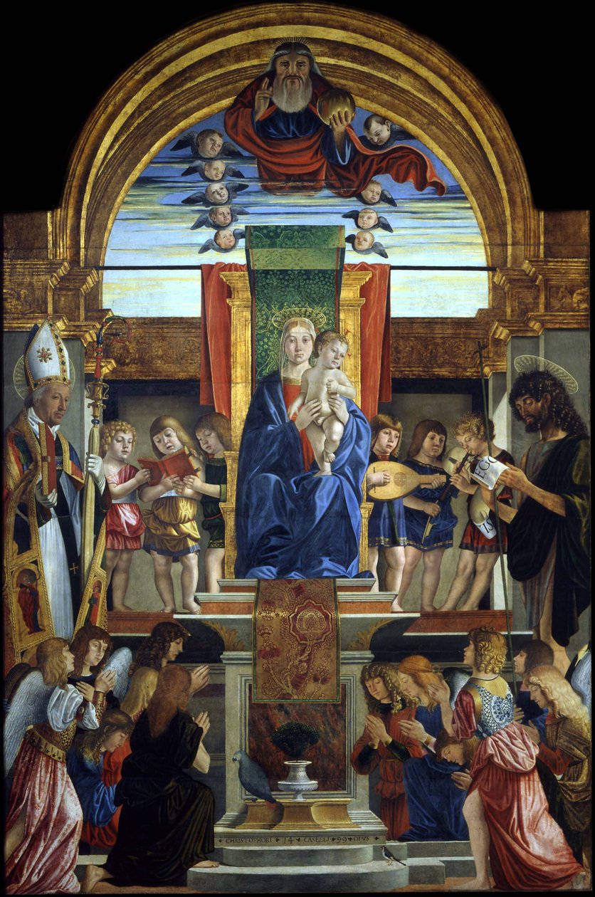 De Maagd en het Kind op de Troon met God de Vader en Heiligen Hilarius en Johannes de Doper, 1499 door Cristoforo Caselli