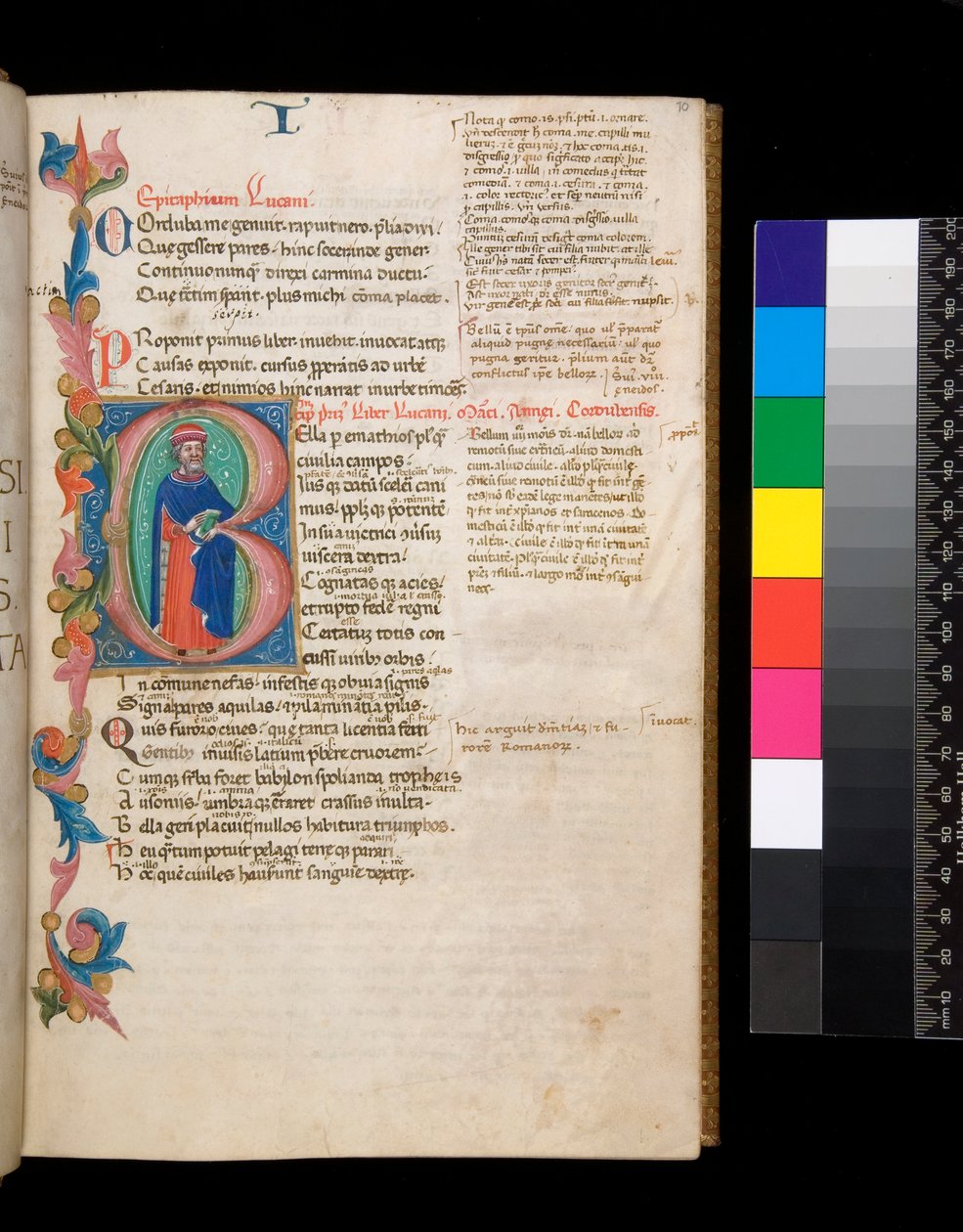 Ms 325. Lucan, Bellum Civile, en andere werken, f.10r. Verlichte initiaal [B], bewoond door een portret van een auteur op ware grootte, uitlopend in een gedeeltelijke bladerrand, c.1400-10 (perkament) door Cristoforo Cortese