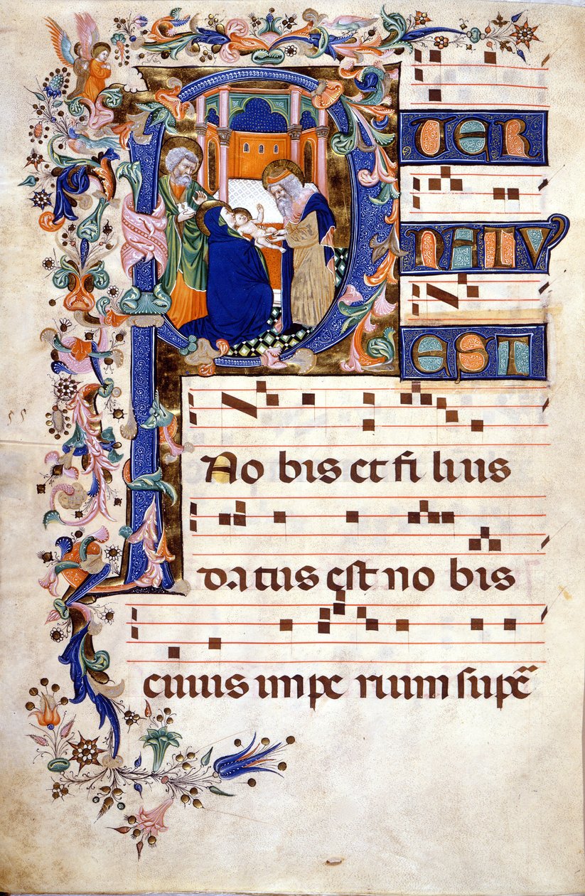 De besnijdenis van Christus in een lettrine P. Partitie (Koorboek) van de 15e eeuw door Cristoforo Cortese (eerste helft van de 15e eeuw). Biblioteca Brera, Milaan door Cristoforo Cortese