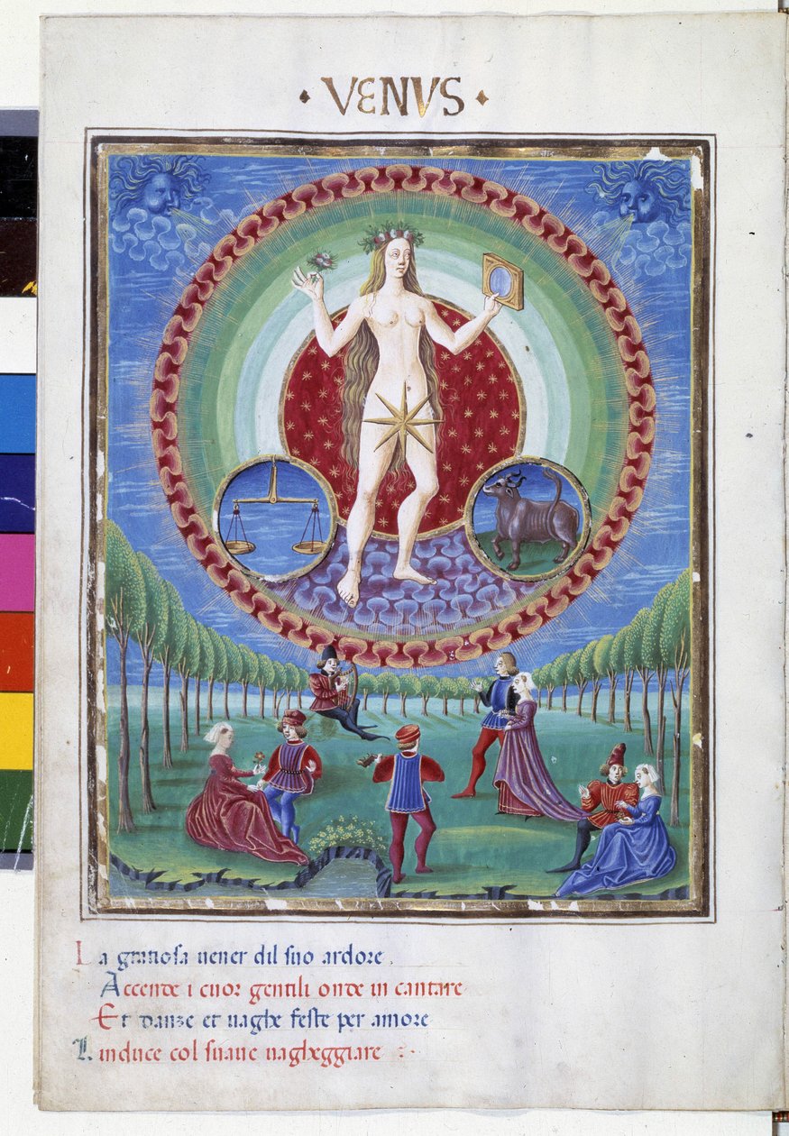 Comed met de sterrenbeelden Weegschaal en Stier. Beneden, de galante scènes. Miniatuur gemaakt door Cristoforo de Predis (ca. 1440-ca. 1486) - in 