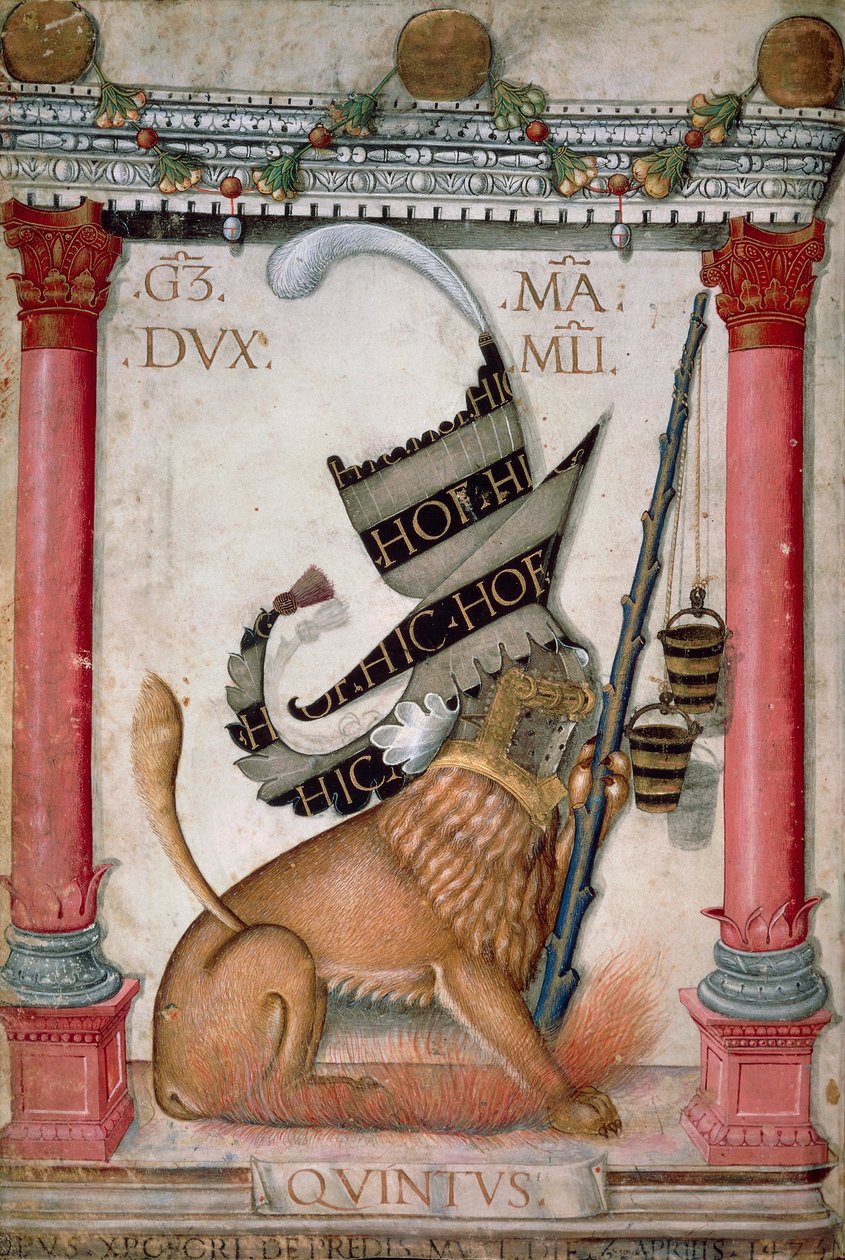 Heraldisch symbool met een leeuw, vonken en emmers van Galeazzo Maria Sforza, Verlichte pagina door Cristoforo de Predis uit het Nieuwe Testament Codex, varia 124, Italië 1475 door Cristoforo De Predis