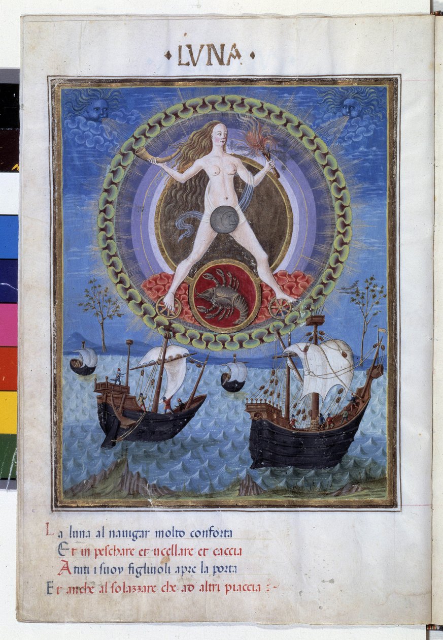 Maan met het sterrenbeeld Kreeft. Beneden, boten tijdens de opkomende vloed. Miniatuur gemaakt door Cristoforo de Predis (ca. 1440-ca. 1486) - in 