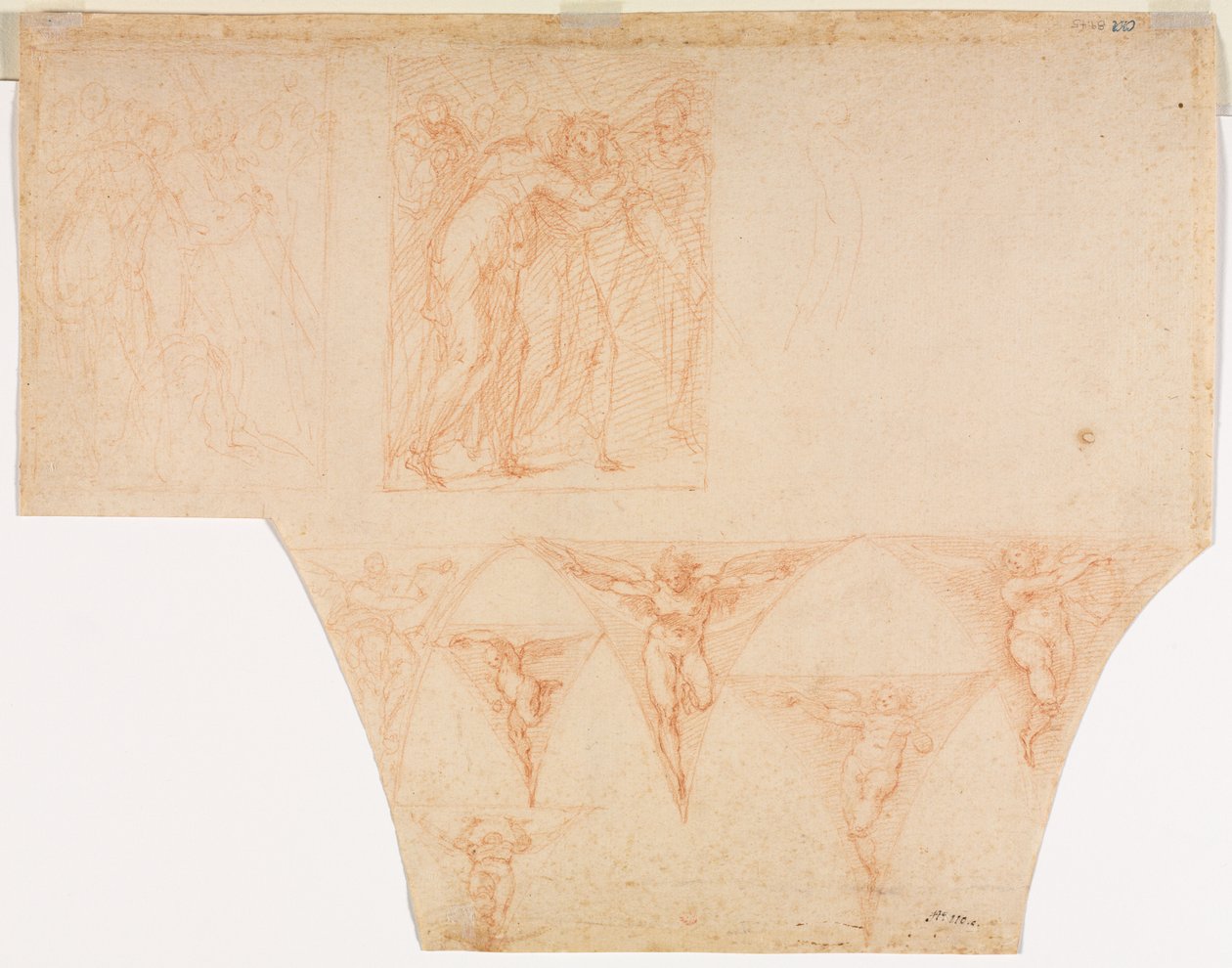 Studies voor Christus die zijn moeder ontmoet op de weg naar Calvarie, studies van een engel in een pendentief (verso) door Cristoforo Roncalli