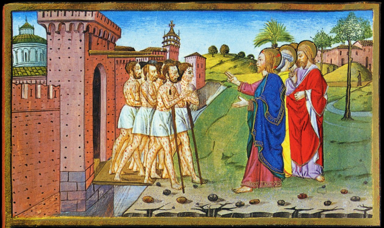 Jezus en de melaatsen. Miniatuur van Cristoforo door Predis - in Historia del nuovo testamento door Cristoforo De Predis