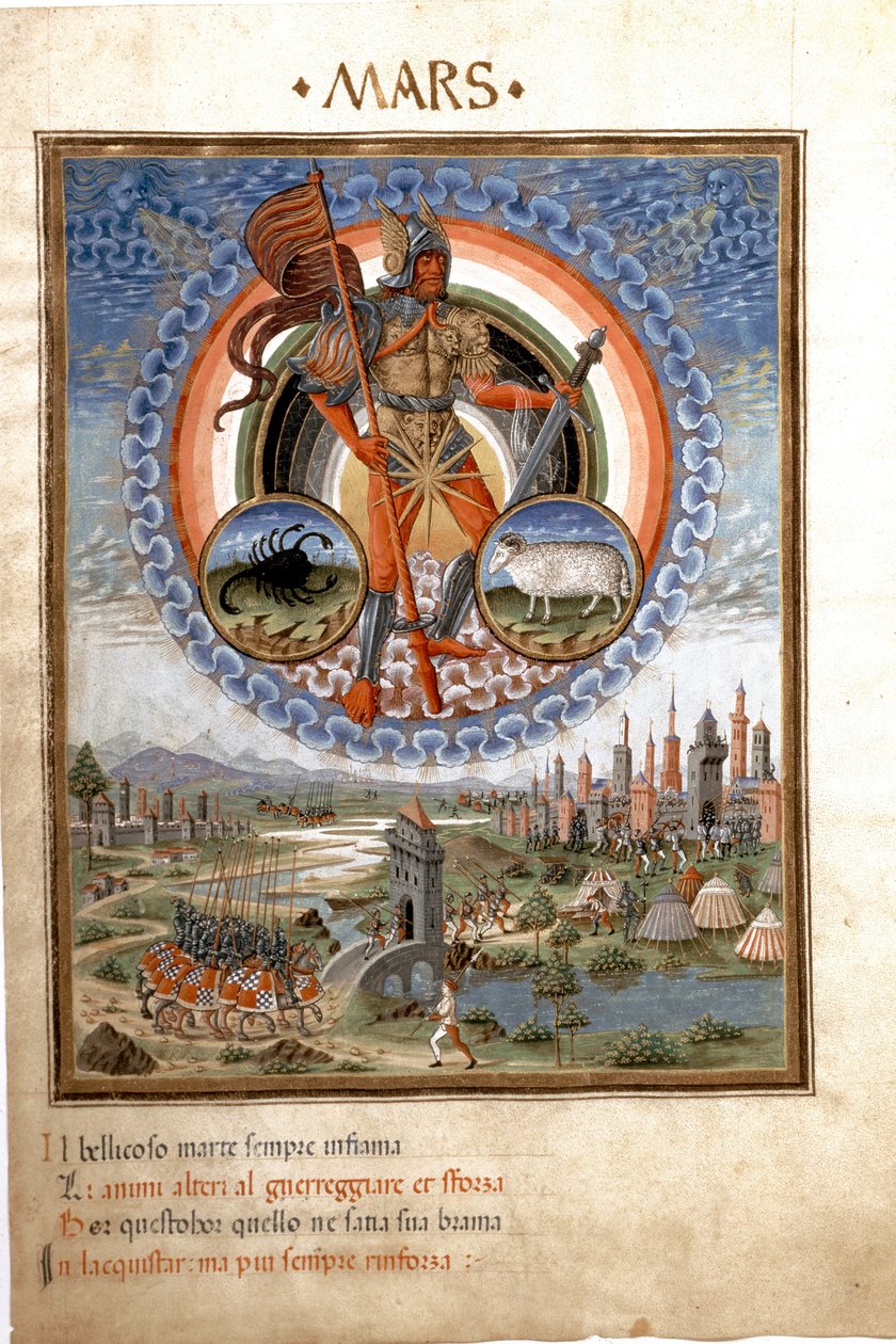 Mars met de sterrenbeelden Schorpioen en Ram. De veldslagen. (miniatuur, ca. 1470) door Cristoforo De Predis