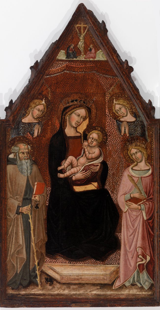 Maagd en Kind met Twee Engelen en Heiligen Antonius Abt en Catharina van Alexandrië en de Kruisiging door Cristoforo di Bindoccio, Meo