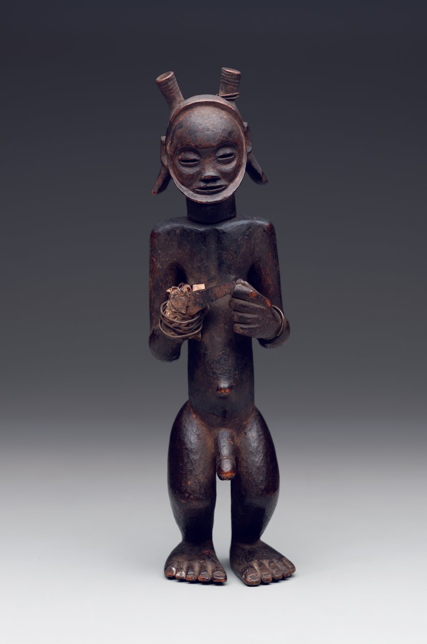 Rituele container in de vorm van een staande mannelijke figuur door Culture Chokwe