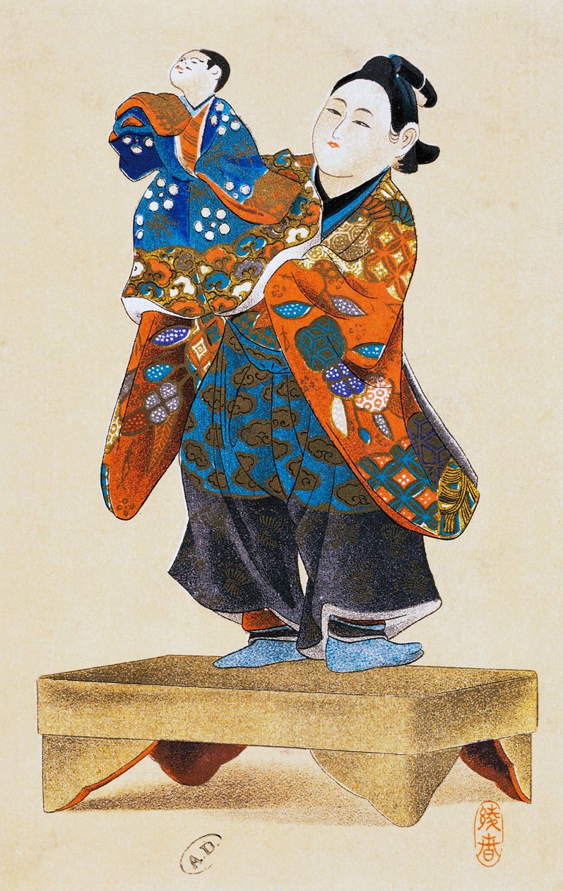 Poppenspeler met pop, poppentheater, ukiyo-e kunstdruk, reproductie van houtsnede, Japanse beschaving, Edo periode door Culture Edo