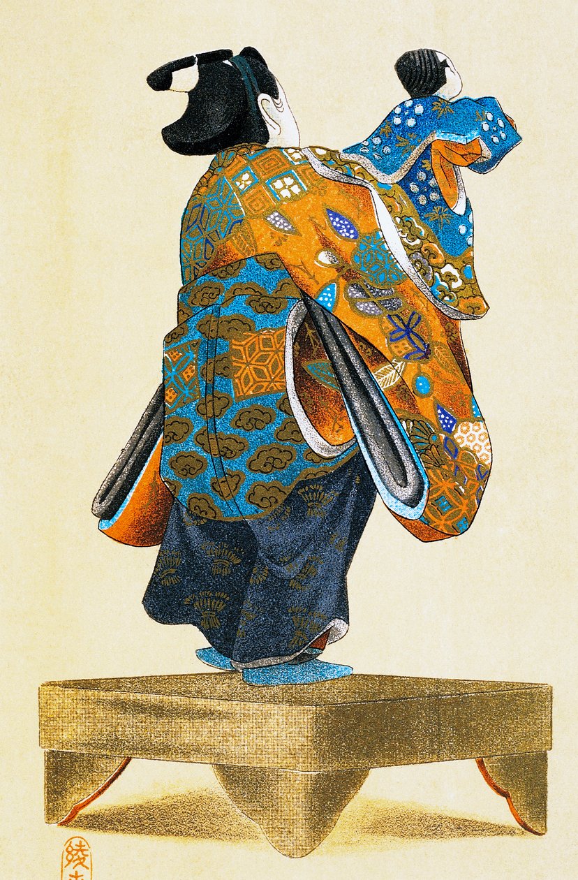 Poppenkastspeler met pop gezien van achteren, ukiyo-e kunstdruk, reproductie van houtsnede door Culture Edo
