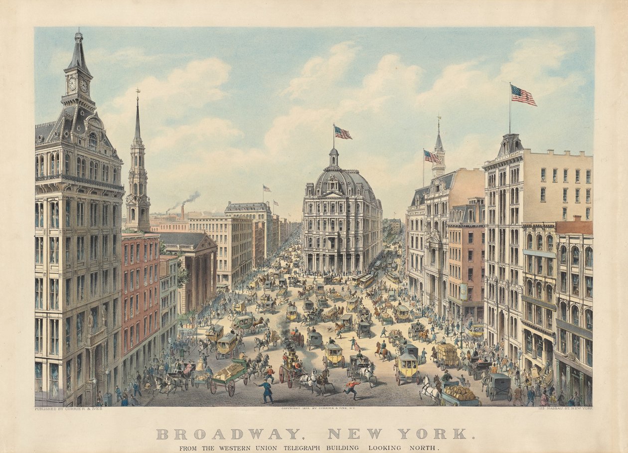 Broadway, New York: Vanaf het Western Union Telegraph Building naar het noorden kijken door Currier and Ives
