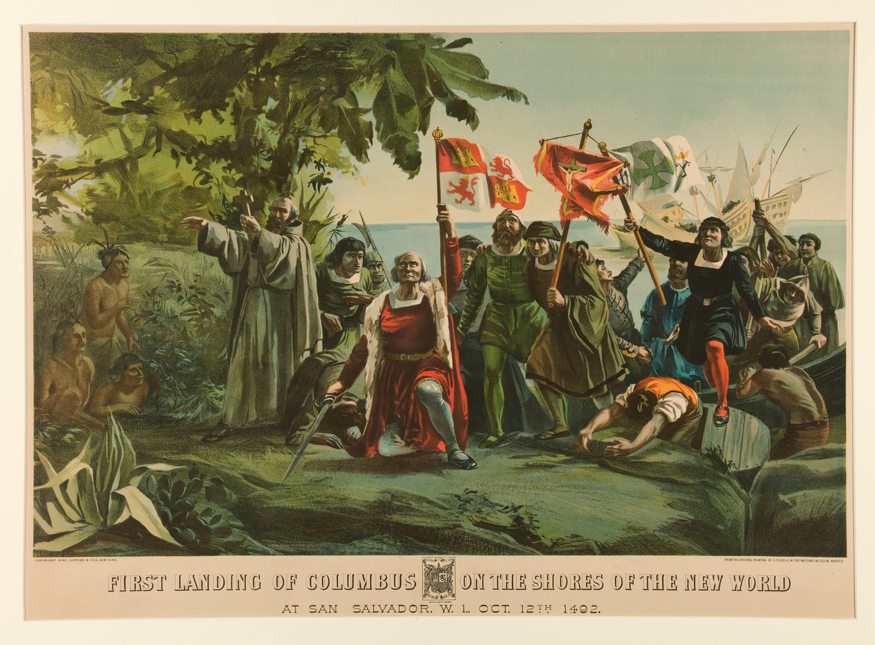 Eerste landing van Columbus op de kusten van de Nieuwe Wereld door Currier and Ives
