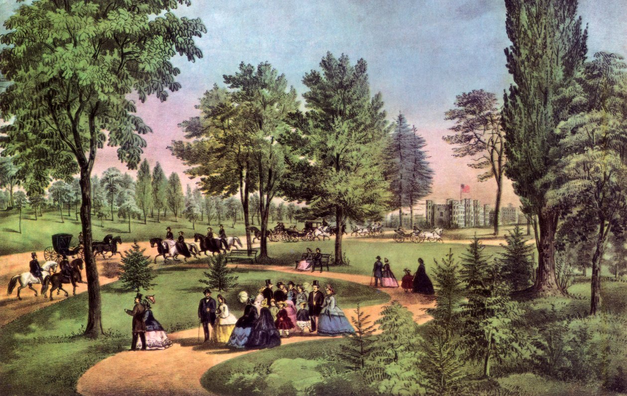 De rit, Central Park, 1862 door Currier and Ives