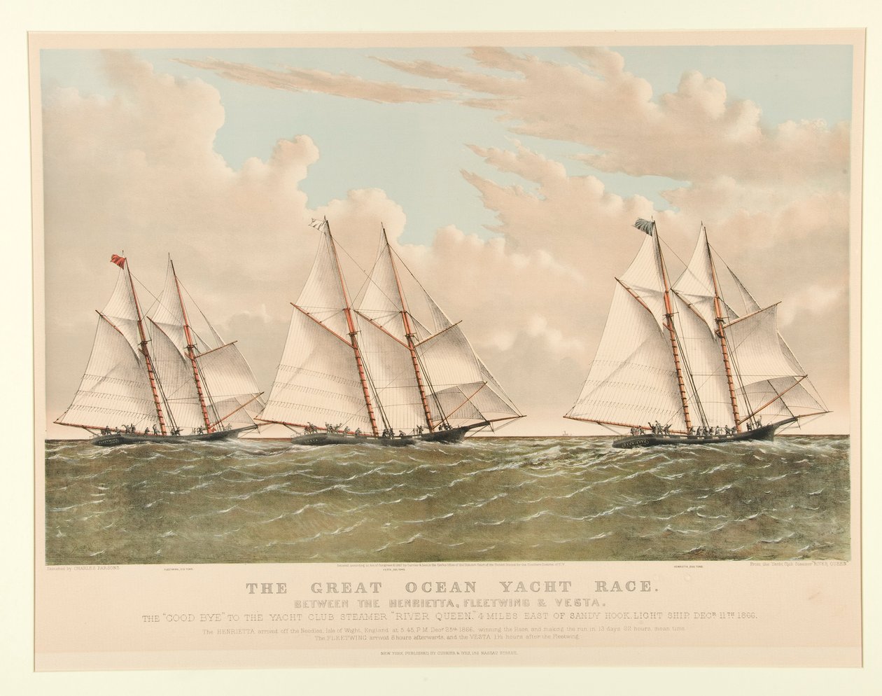 De grote oceaanjachtwedstrijd tussen de Henrietta, Fleetwing en Vesta door Currier and Ives