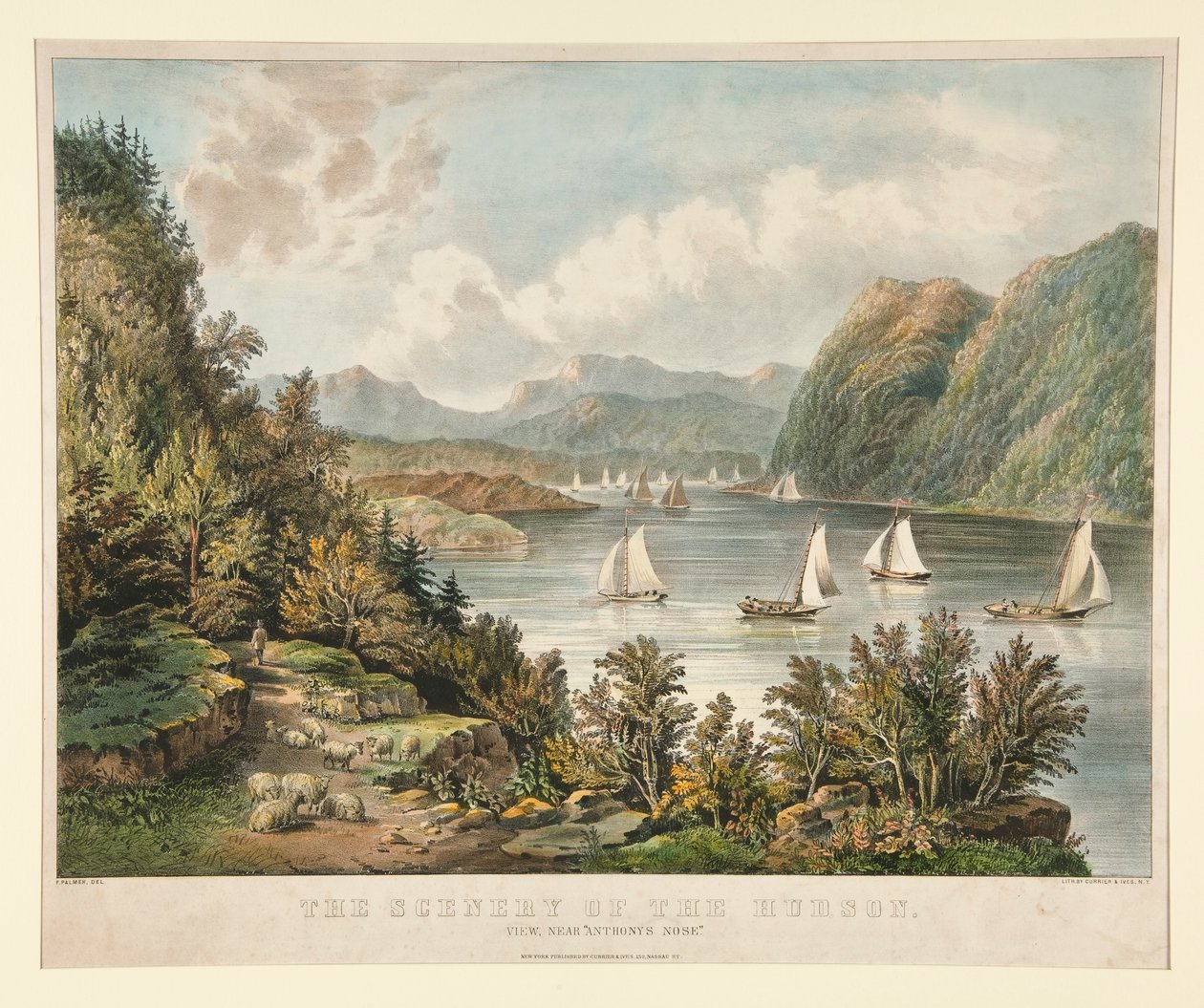 Het landschap van de Hudson. Uitzicht, nabij door Currier and Ives