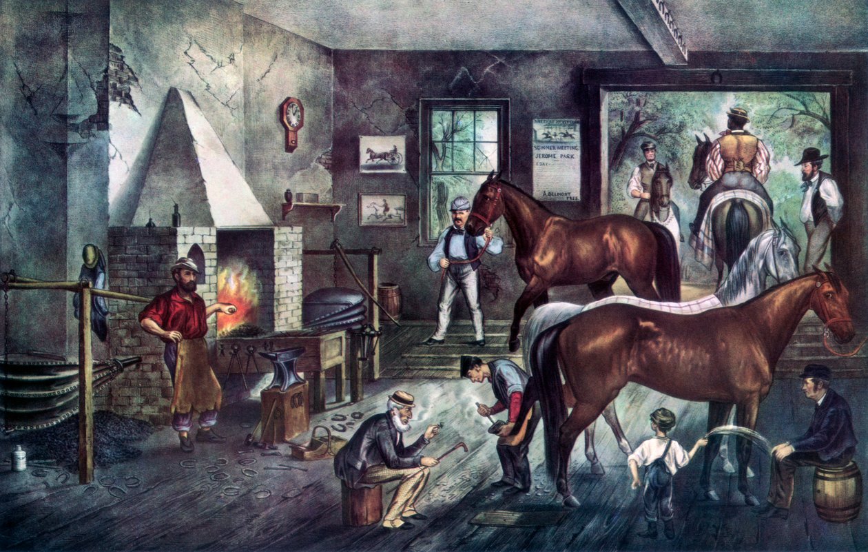 Trotting Cracks bij de Smidse, 1869 door Currier and Ives