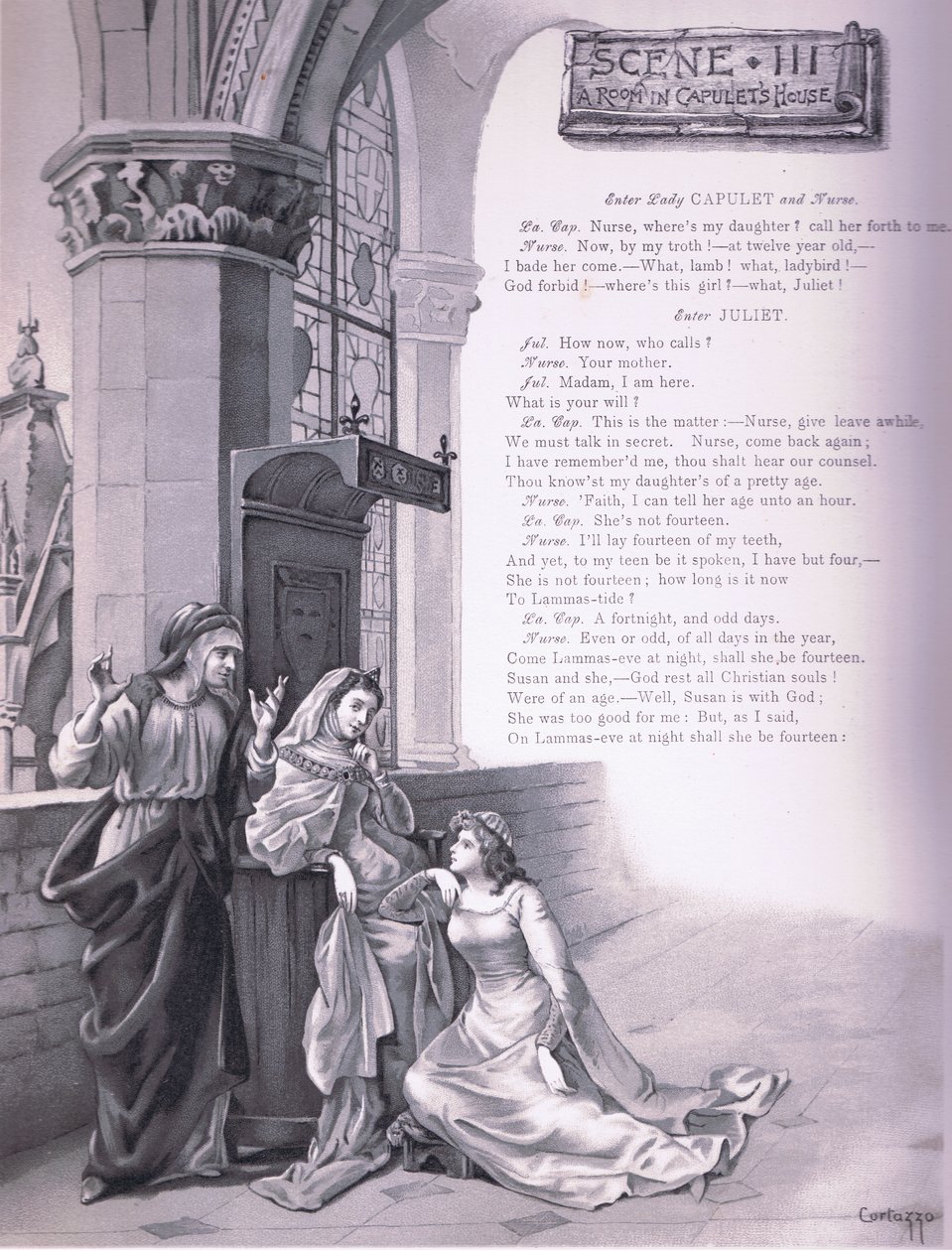 Een kamer in het huis van Capulet, illustratie uit Romeo en Julia door Curtazzo Curtazzo