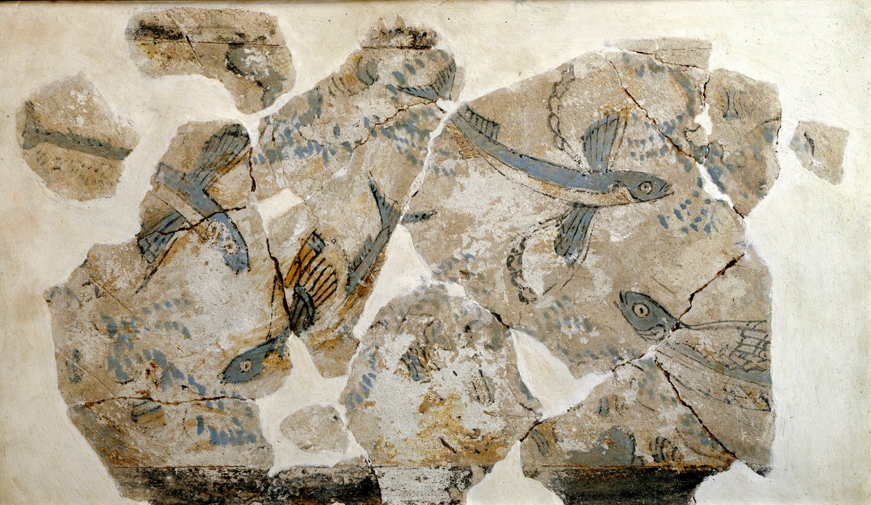 Cycladische kunst: fragment van een fresco met vliegende vissen (zeezwaluwen). van de site van Phylakopi (eiland Melos) 2500 v.Chr. Dim. 23 cm Athene, nationaal archeologisch museum door Cycladic