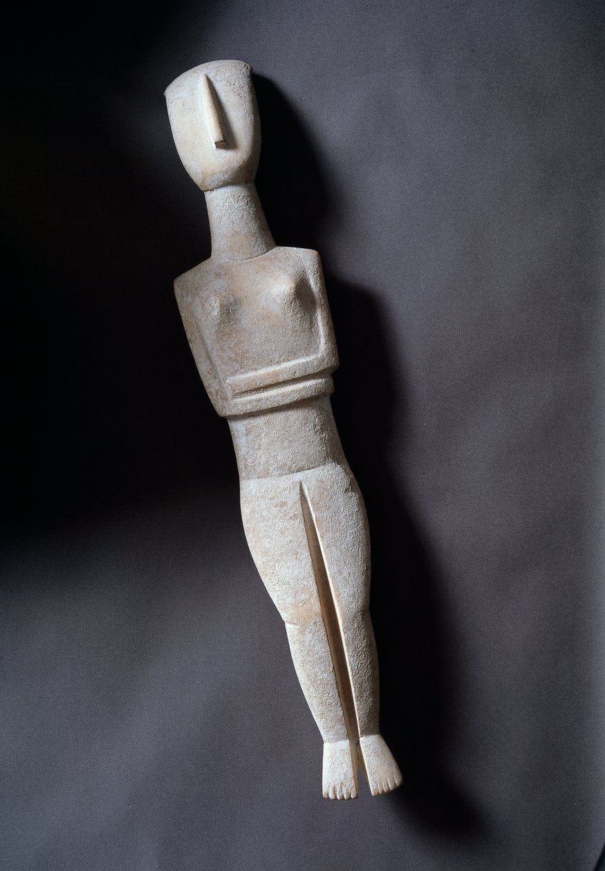 Vrouwelijk idool, schematisch beeldje, wit marmer met oker inleg, 3200-2000 v.Chr. door Cycladic Cycladic