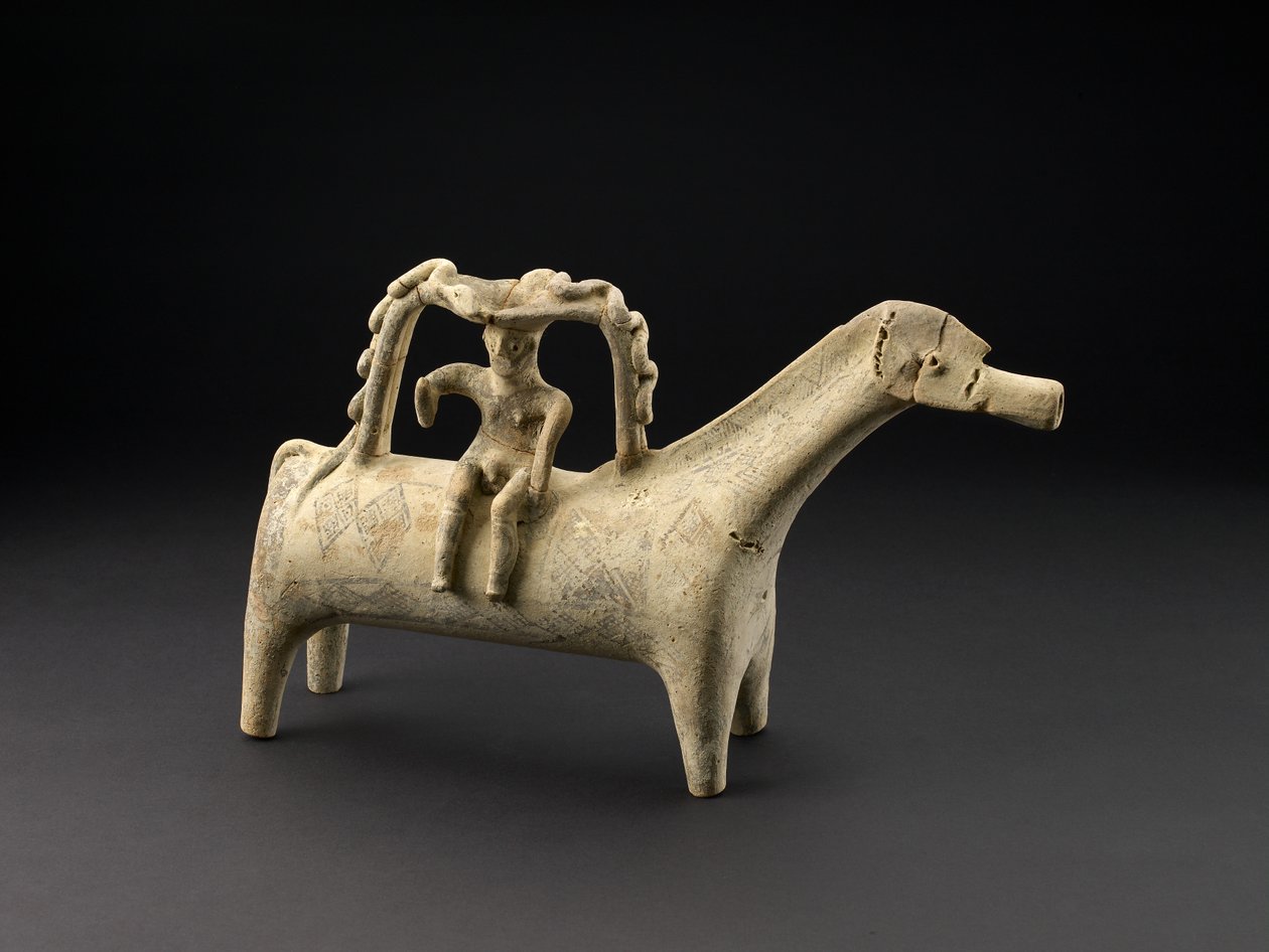 Terracotta paard rhyton met ruiter als onderdeel van handvat op de rug, Late Cypriotische IIIB-periode, c.1125-1050 v.Chr. door Cypriot