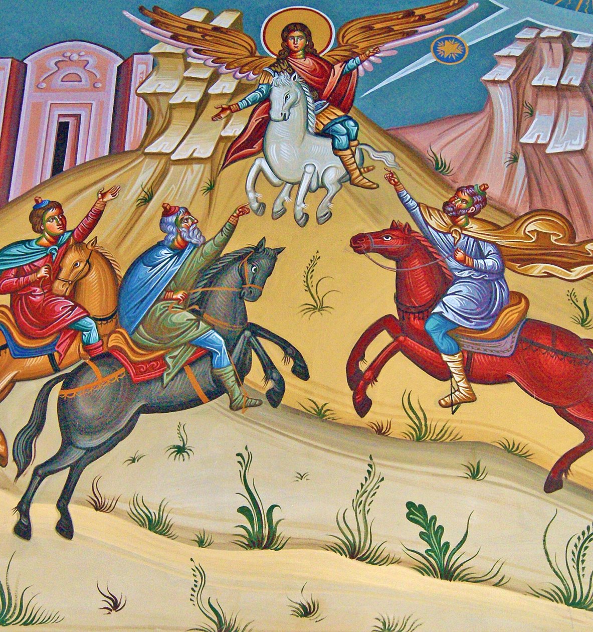 De aartsengel Michaël op een wit paard verjaagt Turkse indringers, Cyprus door Cypriot