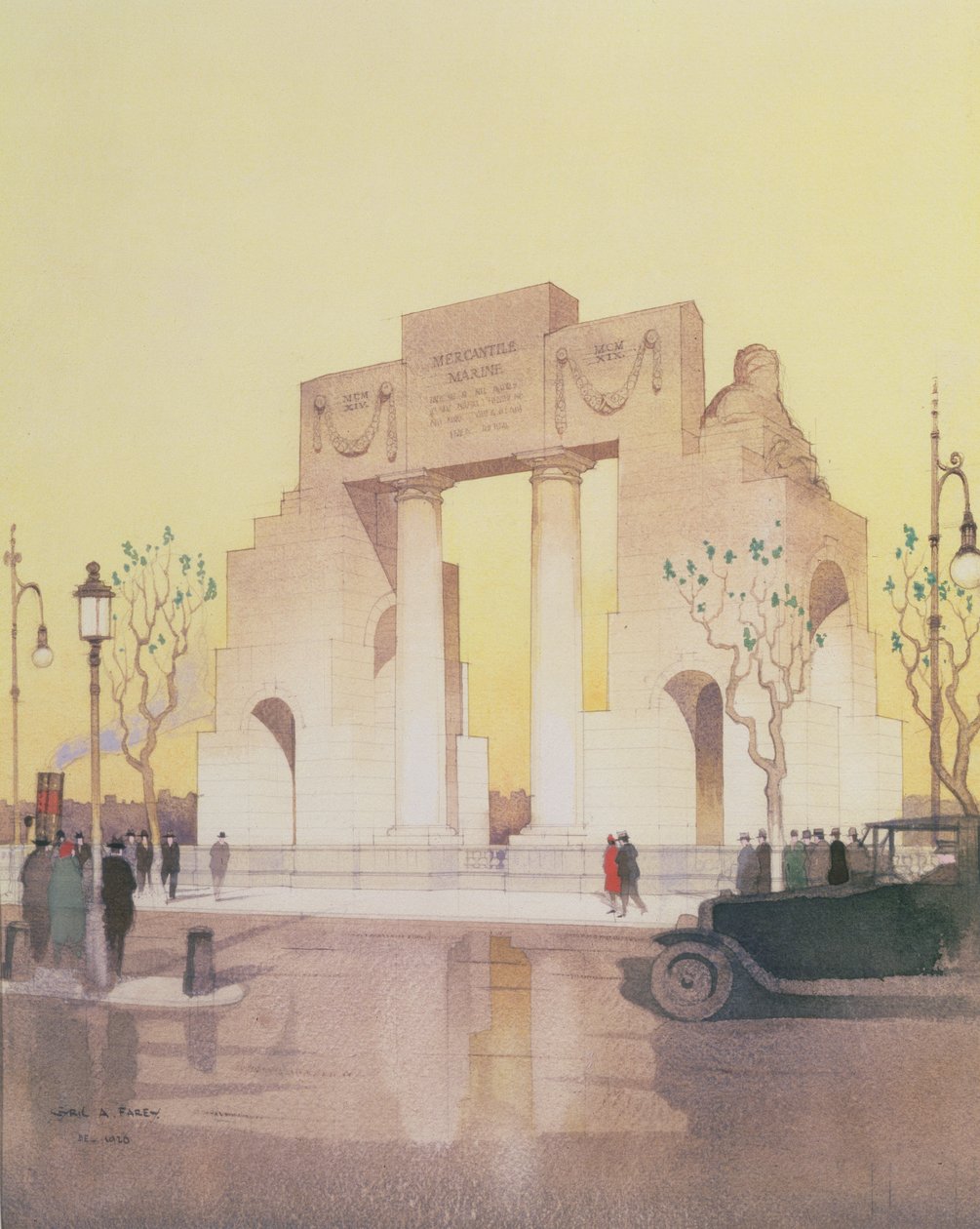 Het Mercantile Marine Monument, gebouwd door Edwin Landseer Lutyens (1869-1944) (aquarel op papier) door Cyril Farey