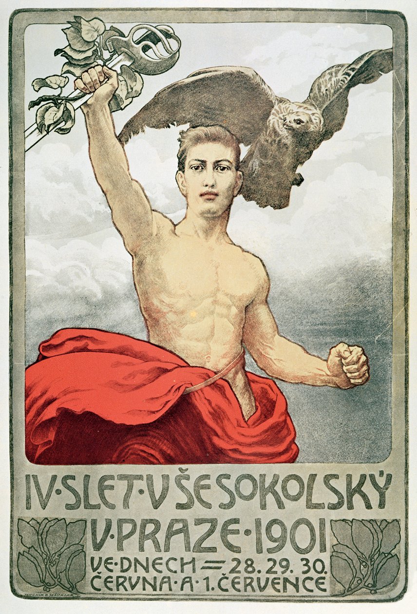 Poster ter promotie van de 4e Vergadering van Sokols in Praag in 1901 door Czech School