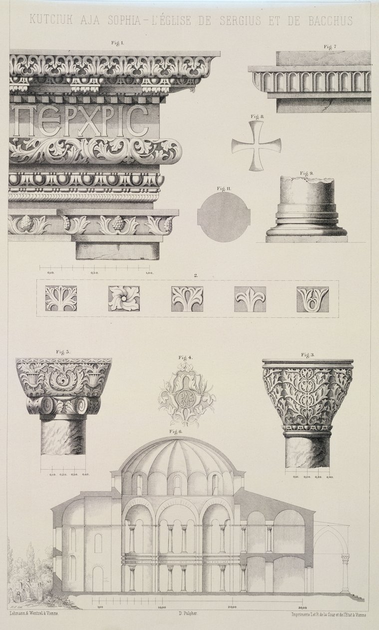 Dwarsdoorsnede en architectonische details van Kutciuk Aja Sophia, de kerk van Sergius en Bacchus, uit 
