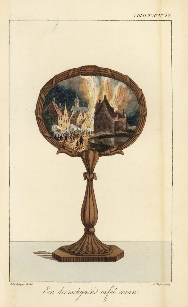 Een doorschijnend tafelscherm versierd met een schilderij van een brandend dorp door D. Sluyter