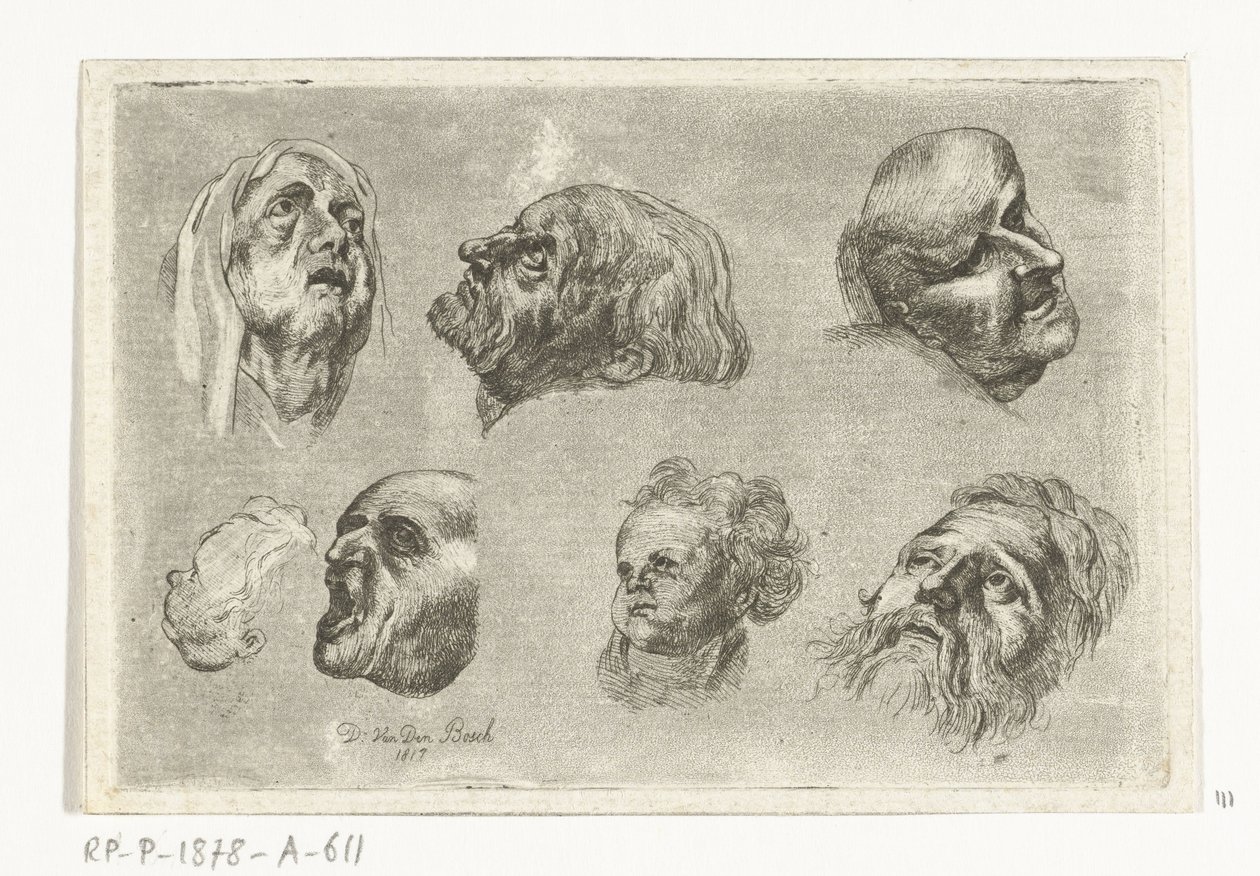 Studieblad met zeven hoofden in twee rijen door D. van den Bosch