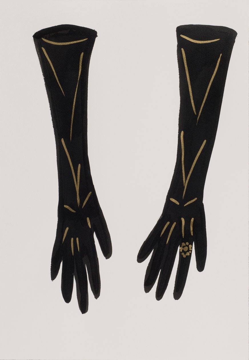 Zwarte handschoenen, 2017 (zwarte india-inkt, met gouden viltstift op papier) door Daisy de Villeneuve