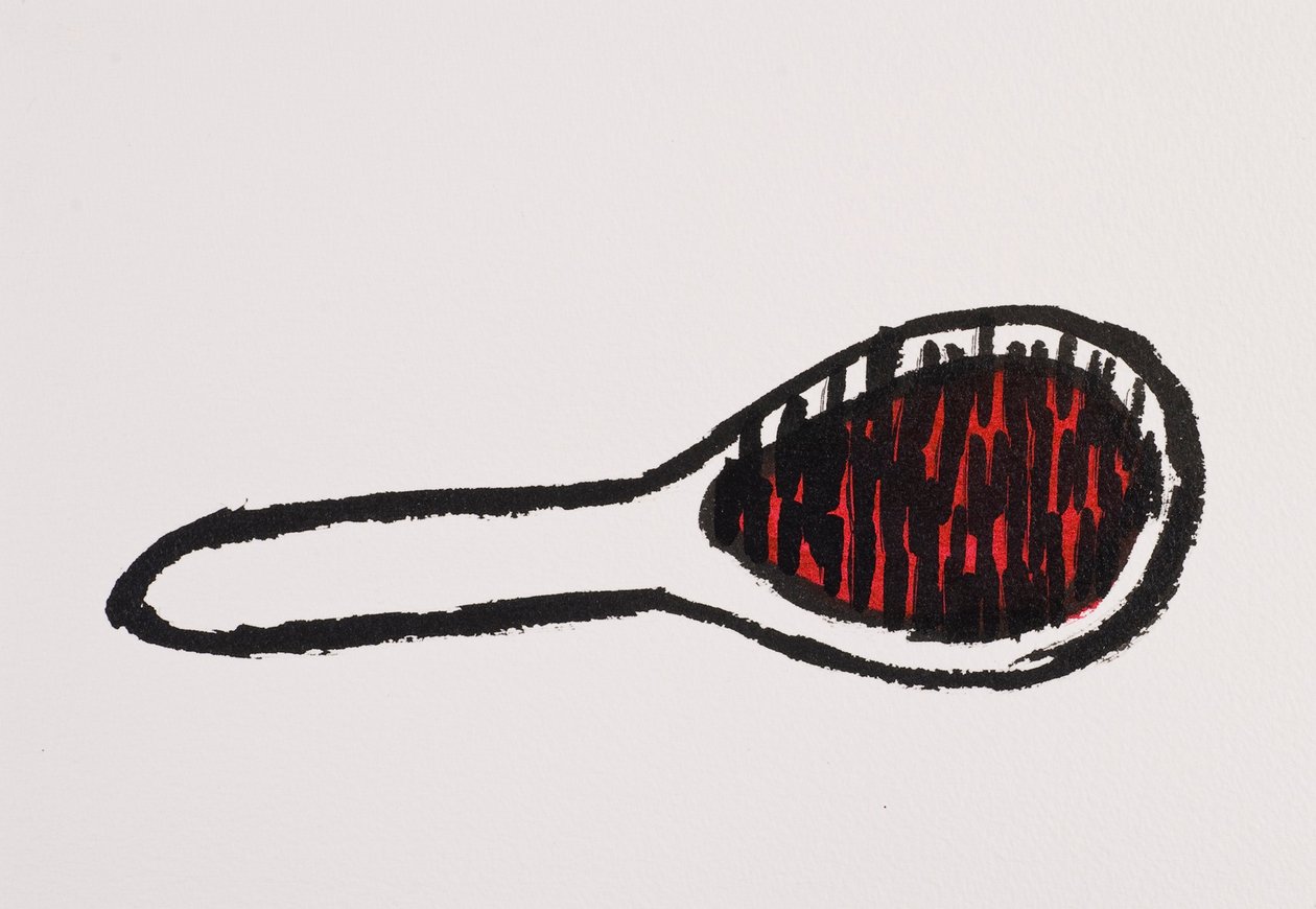 Haarborstel, 2017 (zwarte en rode india-inkt op papier) door Daisy de Villeneuve