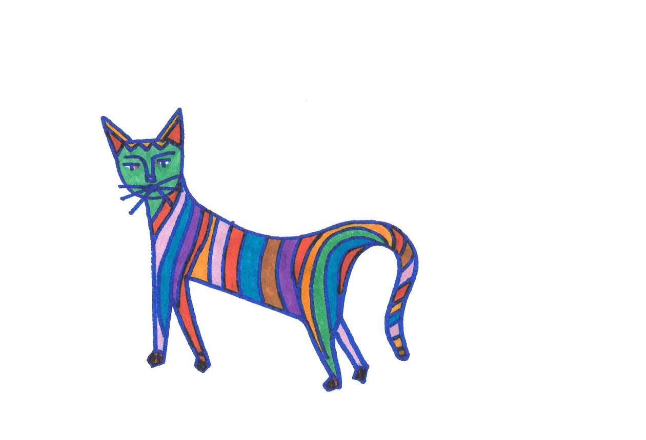 Regenboogkat (viltstift op papier) door Daisy de Villeneuve