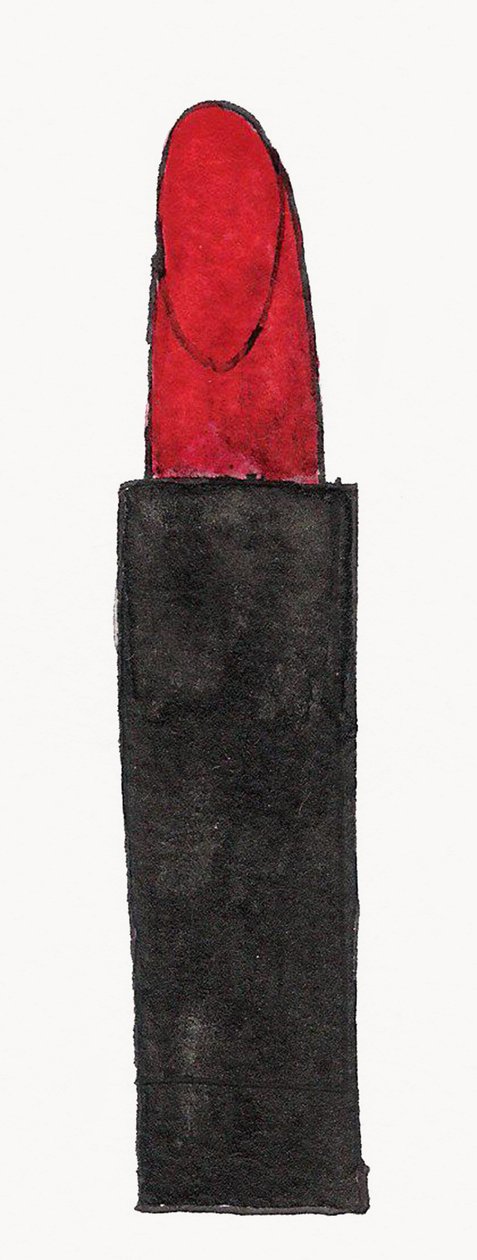 Red Lipstick, 2017 (rode en zwarte india-inkt met gouden viltstift op papier) door Daisy de Villeneuve