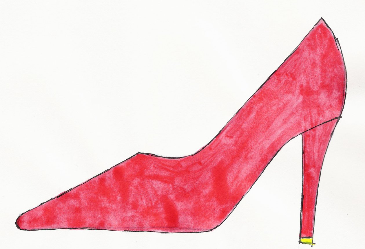 Red Shoe, 2017 (rode en gele india-inkt met viltstift op papier) door Daisy de Villeneuve
