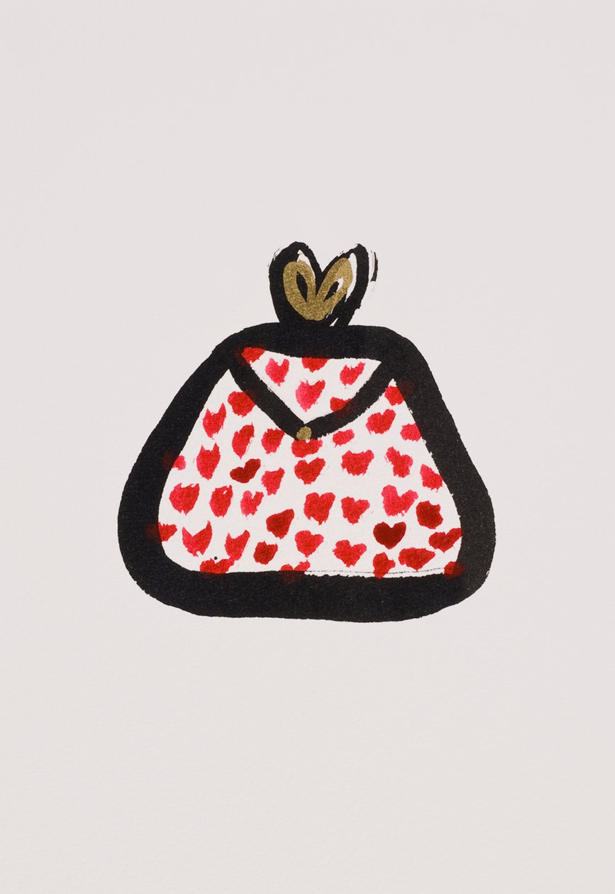 Red Spotty Purse, 2017 (rode en zwarte india-inkt met gouden viltstift op papier) door Daisy de Villeneuve