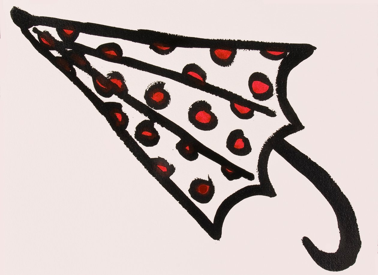 Red Spotty Umbrella, 2017 (rode en zwarte india-inkt op papier) door Daisy de Villeneuve